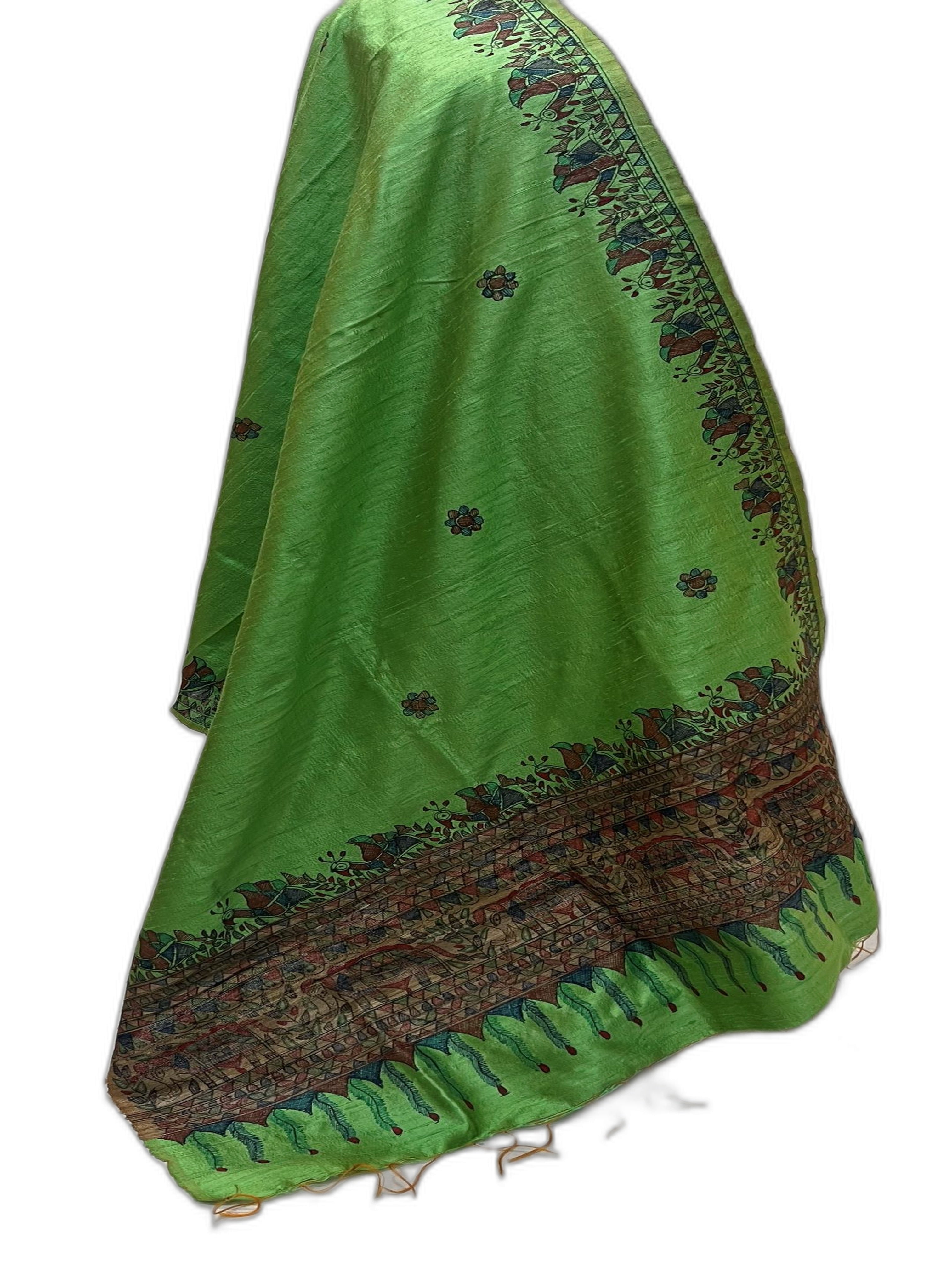 Madhubani Handpainted Dupatta – Green with Peacock and Elephant Border